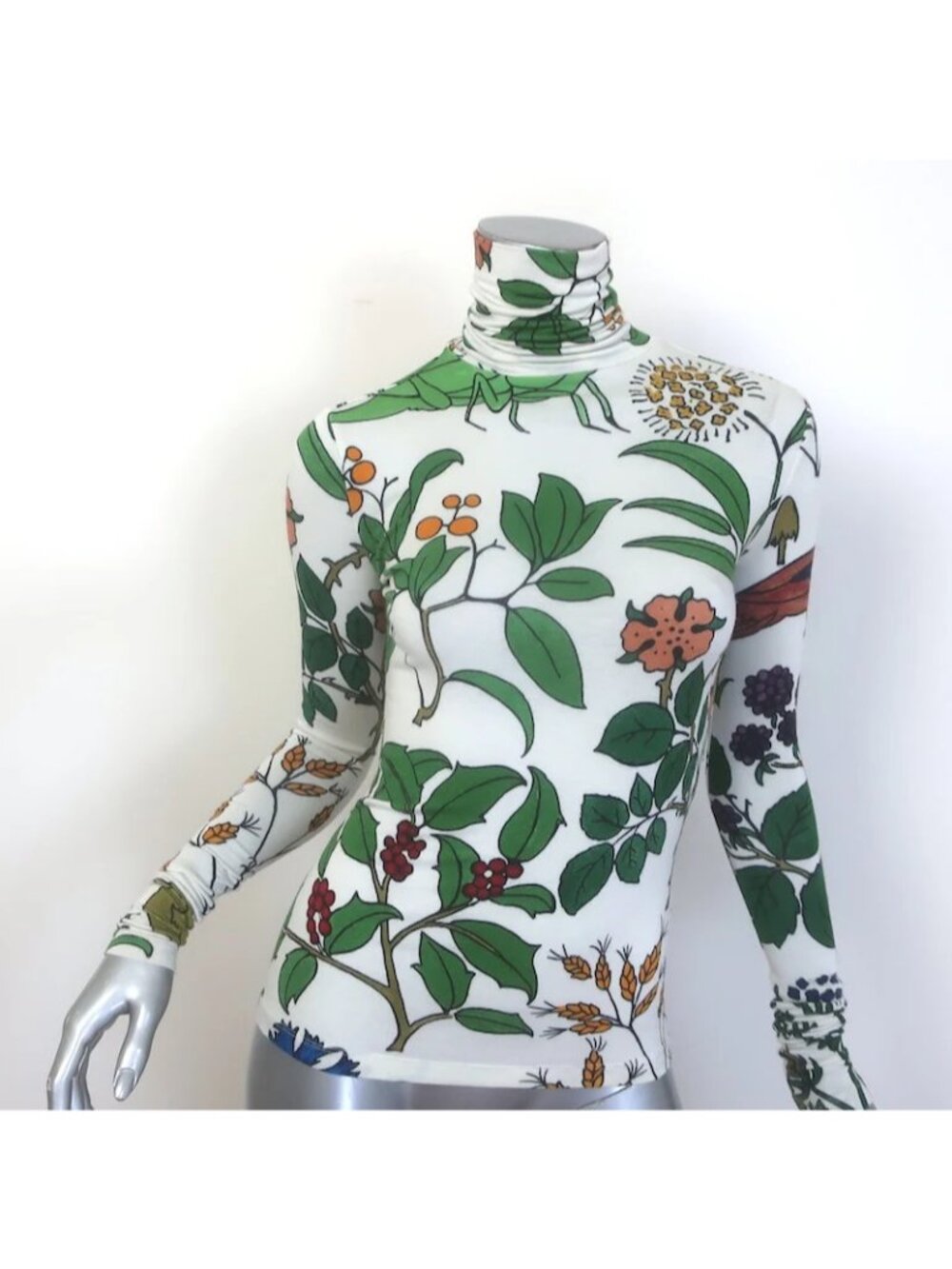 Loewe Herbarium Turtleneck Top White/Multicolor Stretch Wool Jersey Size Small
